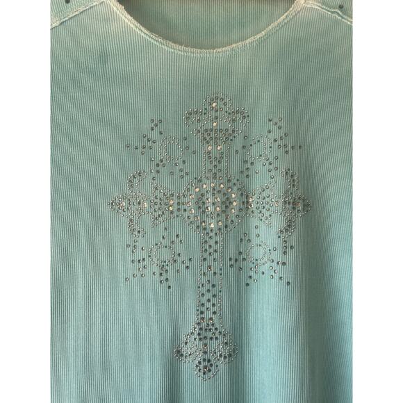 Y2K Bedazzled Rhinestone Cross Blue Long-Sleeve Shirt – Size Medium - Picture 2 of 5